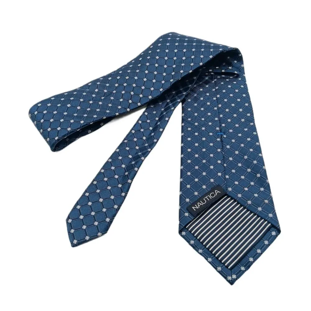 Nautica Silk Tie Mens 60” Navy Blue Geometric Woven Classic Coastal Preppy New